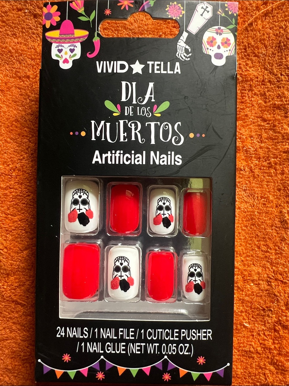 Vivid Tella Día de los Muertos Artificial Nails - Red & White Skull Design